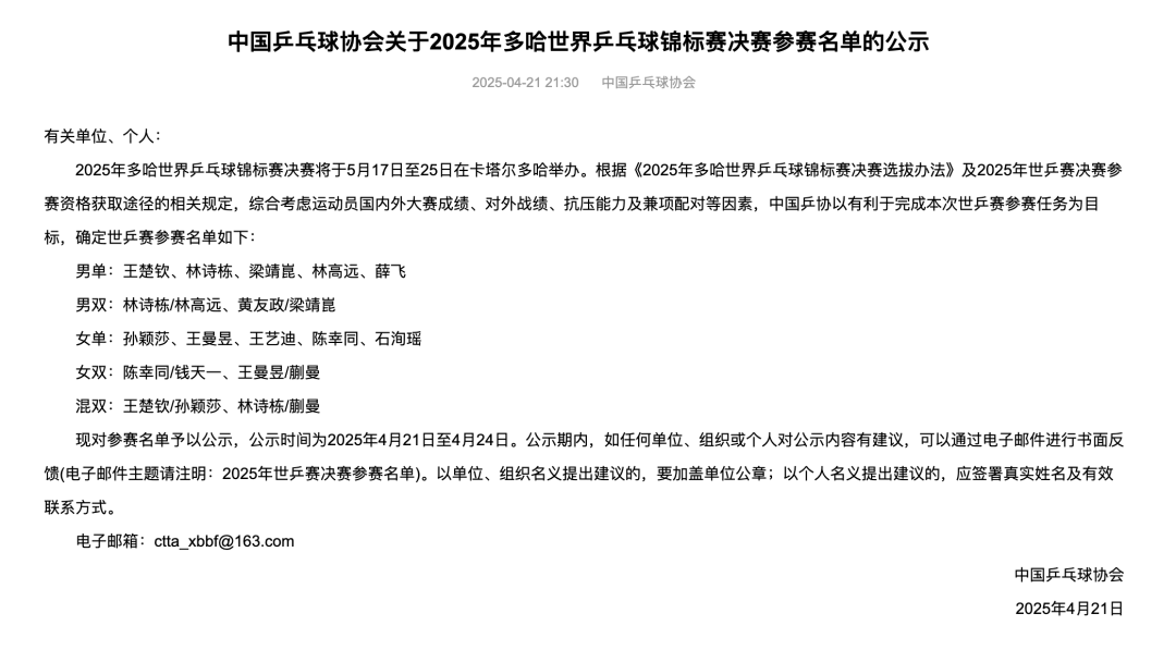 皇冠信用盘代理_中国乒乓球队公示多哈世乒赛参赛名单