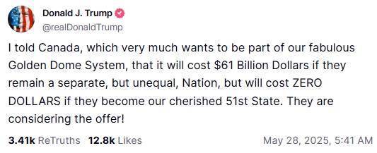 皇冠会员如何申请_特朗普又喊话加拿大：放弃主权皇冠会员如何申请，做美国第51个州，“金穹”免费用